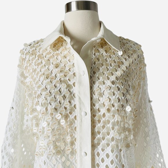 Agua Bendita Chrissy Kai Eyelet Cover Up Shirt S Ivory Sequin Embroidered - Picture 5 of 8
